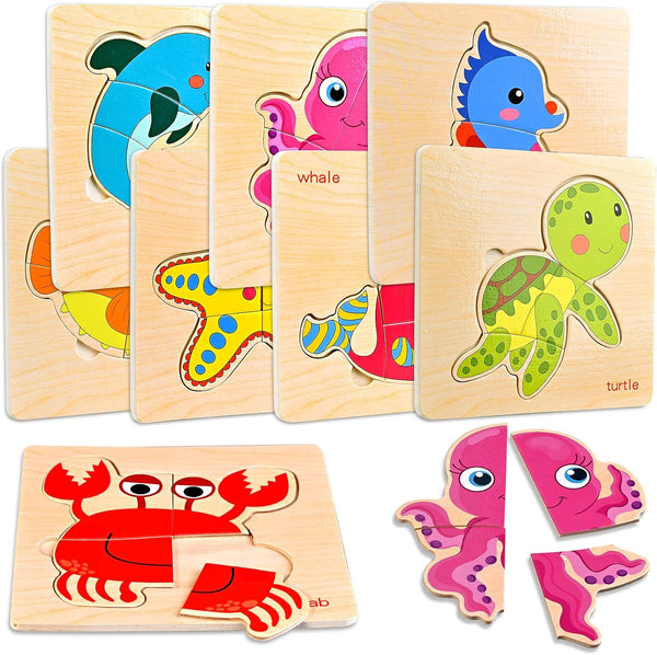 8pcs Wooden Puzzles for Toddlers 1-3, Montessori Sea Animal Puzzle for Kids Ages 2-4, Educational Toys