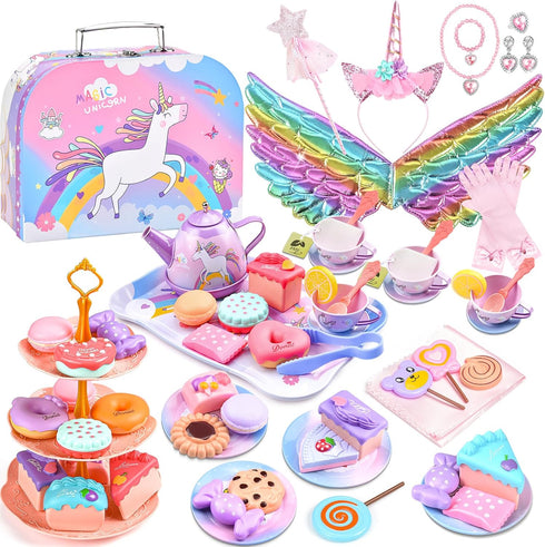 Tea Party Set for Little Girls: 63Pcs Pretend Play Toys, Unicorn Princess
