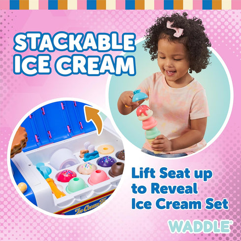 WADDLE Ice Cream Toy Truck for Kids - Ride On Playset with Scoops, Toppings, and Popsicles for Toddlers 1-3