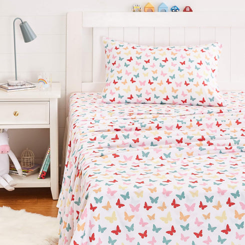 3-Piece Set, Amazon Basics Kid's Soft Easy-Wash Lightweight Microfiber Sheet Toddler, Multi Colour, Butterflies