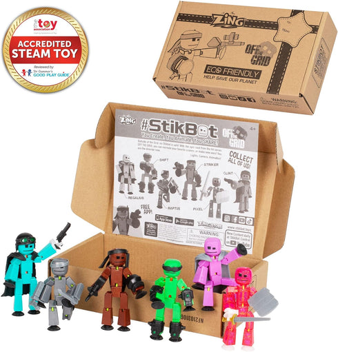 Zing Stikbot Off The Grid Pack - Set of 6 Poseable Action Figures with Weapons and Accessories