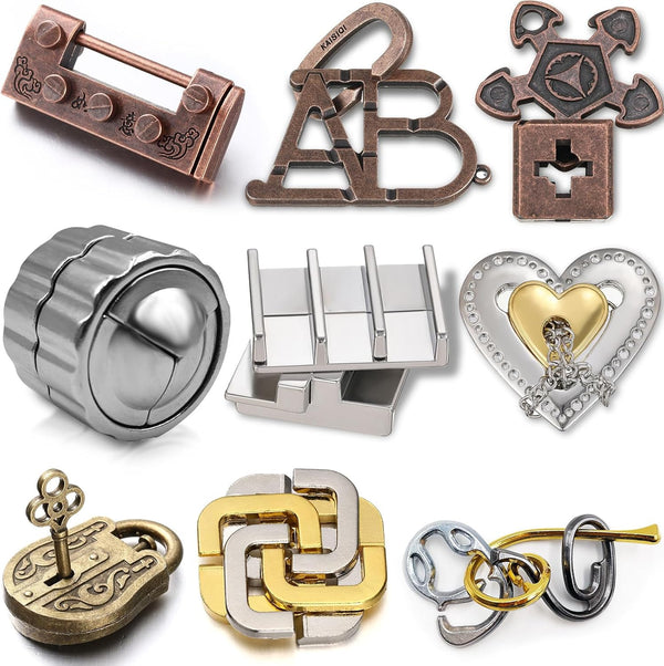 9 Pcs Metal Brain Teaser Puzzles, 3D Steel Puzzle for Adults, Unlock Interlocking IQ Education Toys