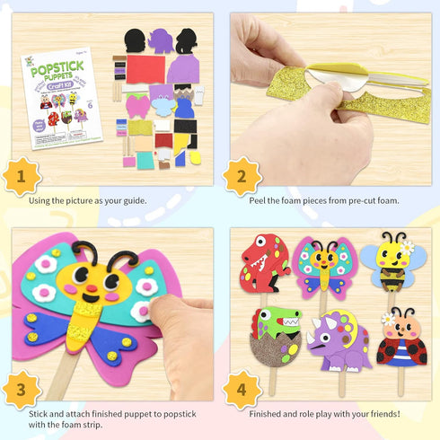 6 4+ VKPI Make Popstick Puppets Craft Kits for Kids, Foam Crafts, Story Time Toys for Ages Toddler, Dinosaurs
