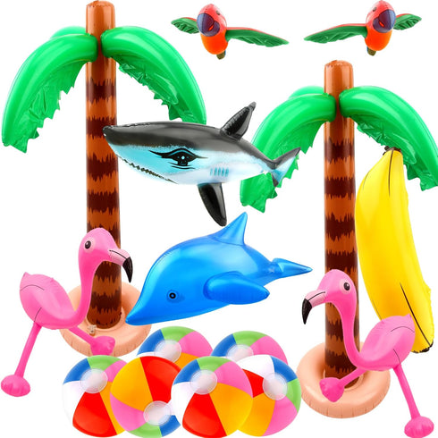 16 Pack Inflatable Palm Flamingo Tree Beach Ball, Giant Tropical Toys for Pool Party Decor
