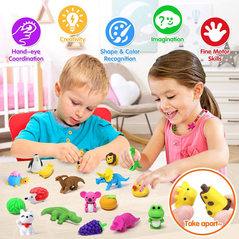 Arscniek 40 Pack Pencil Erasers for Kids, Bulk Toys, Puzzle Animal Erasers, 3D Mini Erasers, Party Favors