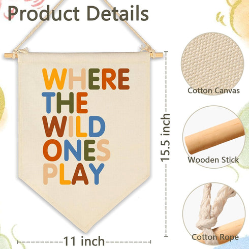 FYSIA Where The Wild Ones Play-Canvas Hanging Pennant Flag Banner Wall Sign Decor for Nursery Baby Kids Girl Boy Teen