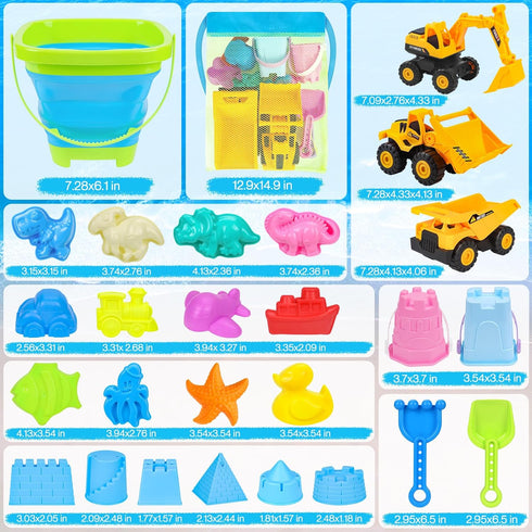 FHOZGECY 3 3 4-8 Beach Toys, Sand Toys for Kids Boys and Girls with Construction Vehicles, Collapsible Bucket, Sand