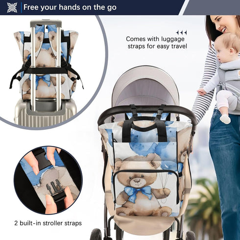 SUABO Backpack Baby Diaper Bag Watercolor Bear with Blue Bow Large Bag Waterproof Travel Diaper Bags for Moms and Dads