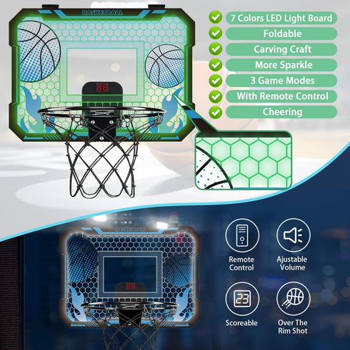 Indoor Basketball Hoop for Kids, Mini Hoop with Remote Control, 7-Color LED Lights & 3 Balls, Over Door