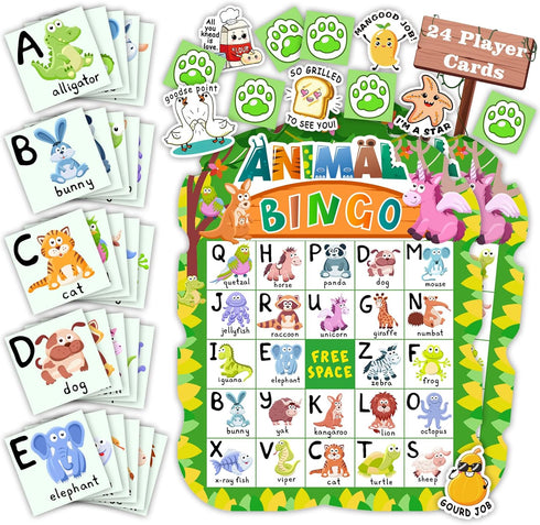 Animal Bingo Game for Kids, Toddler Adults Family - Letter Recognition Jungle Safari Party Game with 24 Players