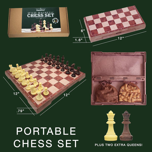Magnetic Portable Travel Chess Set, 12" x 12" Foldable Chess Board Game with Storage Bags for Chess Pieces