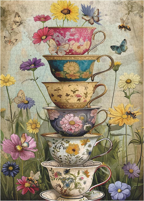 PPuzzling 1000 Vintage Flower Cup Puzzle for Adults Pieces, Nature Challenging Spring Floral Plant Puzzles, Retro Cups