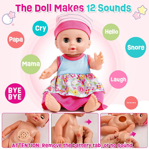 12in Set 20pcs Bag/Cradle/2 3 4 5 6 Golray Girl Baby Doll Crib and High Chair - Sound&Pee Interactive Baby Doll