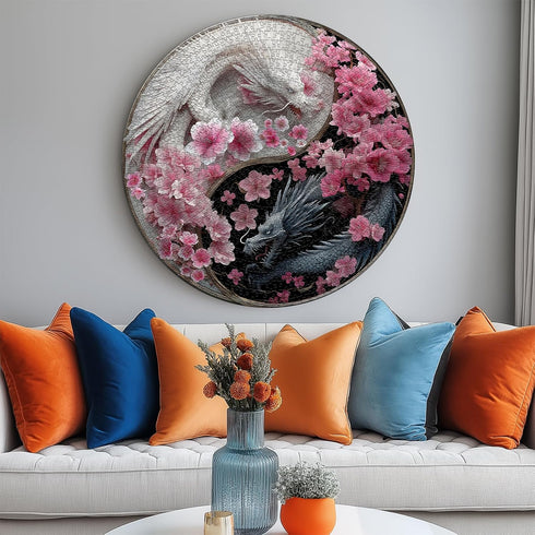 PICKFORU 1000 Dragon Puzzles for Adults Pieces, Fantasy Dinosaur Round Puzzle Flower Yinyang Animal, Floral Circle