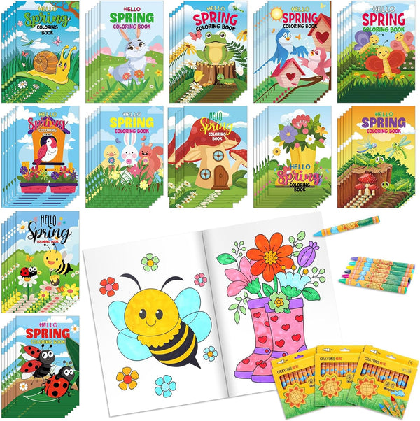 Fulmoon 144 Pcs Spring Mini Coloring Books with Crayons Set Spring Small