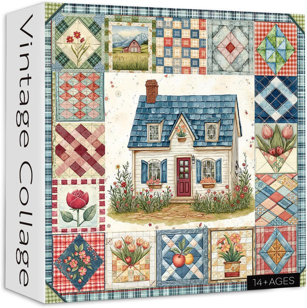 PICKFORU Patchwork Puzzles for Adults 1000 Pieces, Vintage Collage Puzzles House, Retro Spring