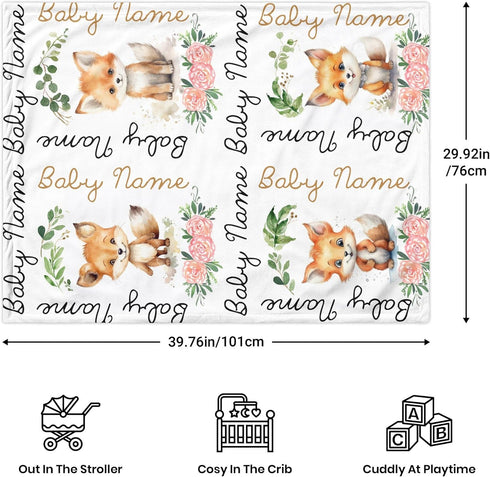 Novusopt Monogrammed Fox Baby Personalized Floral Receiving Blanket with Customized Name for Newborn Babies Nursery