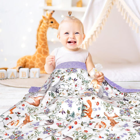 Purple Fleece Baby Blanket for Boys & Girls, Soft Portable Toddler Minky with Woodland Animal Print, 40 x 30 Inch