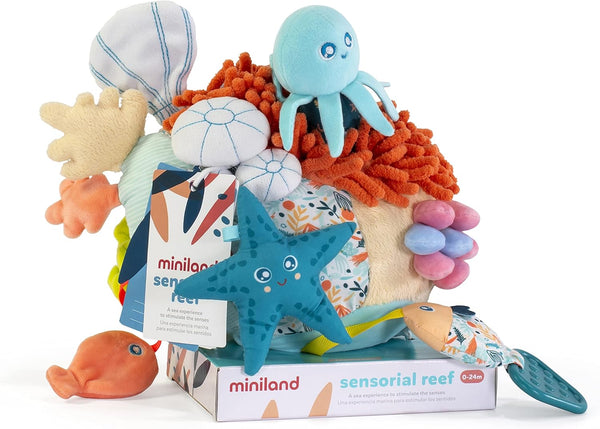 Miniland Baby Teether, Plush Baby Rattle, Toddler Toy for Teething, Sensory Development