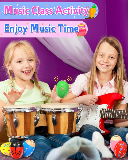 6 Pack Wooden Percussion Musical Shake Eggs with Toys Inside, Montessori Easter Basket Stuffers for Kids Boys Girls