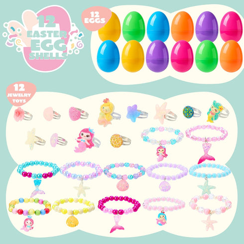 JOYIN 12 Pack Prefilled Easter Eggs with Jewelry Toys Inside, Beads Bracelets and Rings for Kids Egg Hunt, Girls Party