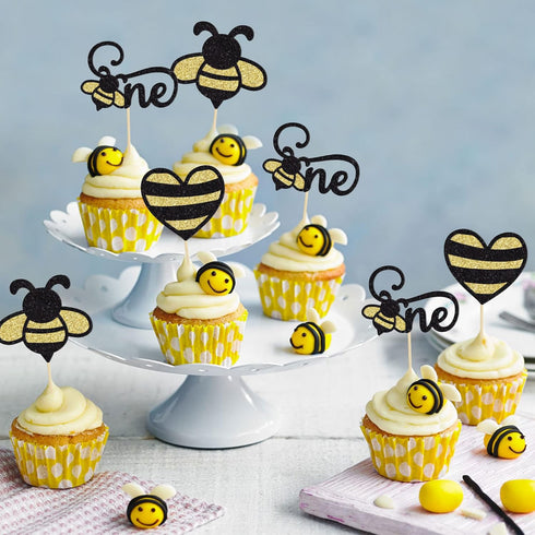 Gyufise 24Pcs Bumble Bee Cupcake Toppers, Heart Bumble Bee Cake Decorations for 1st Birthday Baby Shower Party Supplies