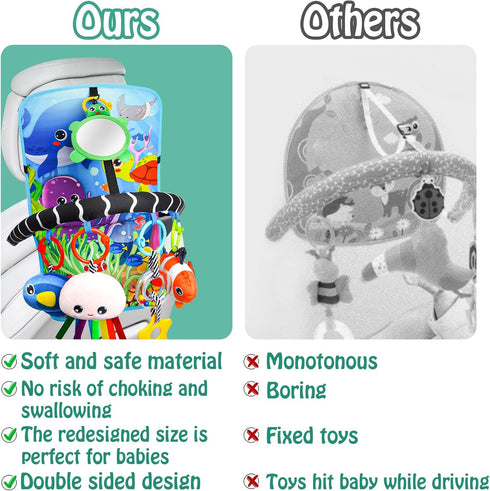 Innofans Baby Car Seat Ocean Animals Toys - Kick and Play Double Sided Infant Car Seat Toys with Plush Toys, Mirror