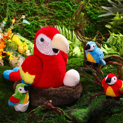 Meooeck 7 Pcs Macaw Parrot Plush Toys Set | 13 Inch Large Mommy Parrot with Nest, Egg & 3 Cute Baby Plushies