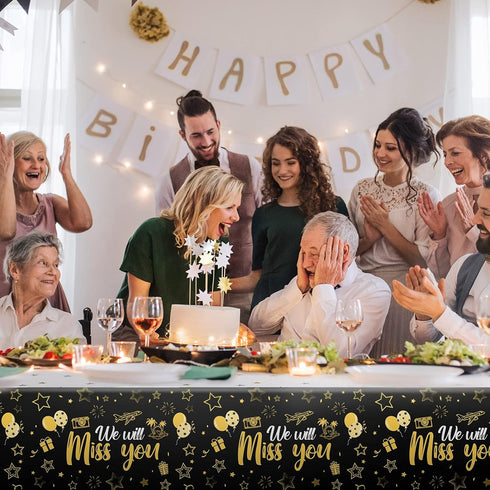Tatuo 3 Pieces Gold We Will Miss You Tablecloth Going Away Party Decorations, Disposable Plastic Table Cover for