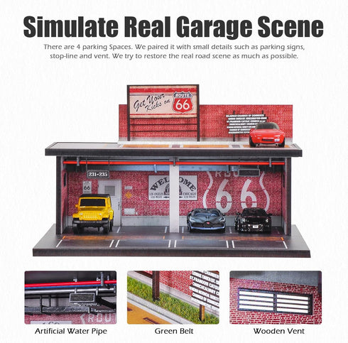 1/64 Scale Parking Garage Scene Model - 2 Layers Hot Wheels Display Case with LED Light for 11 Diecast Cars, Red
