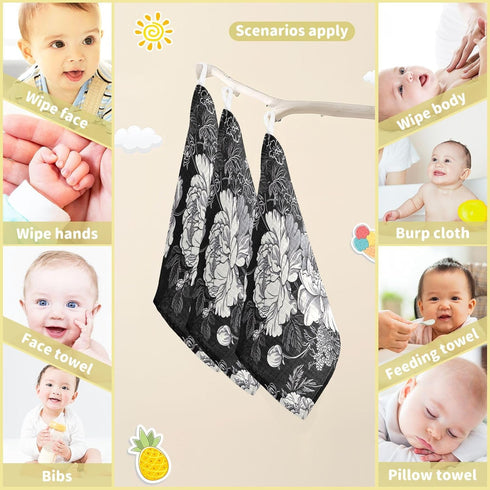 SDMKA 3 Pack 11.8 Inch White Flowers Black Baby Washcloths - Muslin Cotton Face Towels for Baby Newborn Girls and Boys