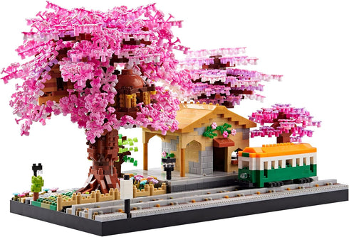 Architecture Japanese Cherry Blossom Tree Flowers Set - Micro Blocks Collectible Building Model Kit with 2 Figures