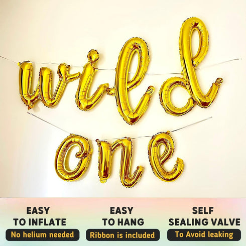 Wild One Cursive Letter Balloons - First Birthday Decorations for Baby Boy & Girl Party Supplies, Gold Banner