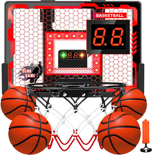 Indoor Basketball Hoop Toy for Kids - Pro Over The Door Basketball Hoop with LED Lights, Scoreboard & 4 Balls