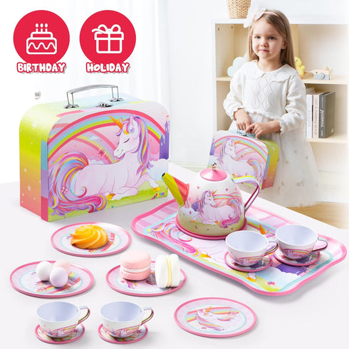 Set Set, 3 4 5 6, JOYIN Unicorn Tea Party for Little Girls, Pretend Pink Tin Teapot Princess Tea Time Play Kitchen Toy