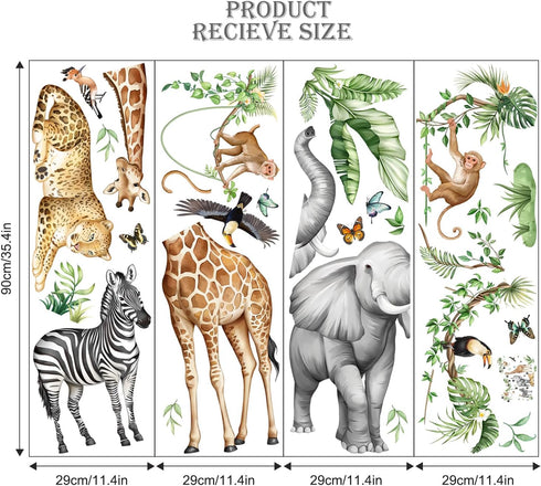 Jungle Safari Animal Wall Decals for Kids Room - Wildlife Wall Stickers Giraffe Elephant Leopard Zebra Monkey Removable