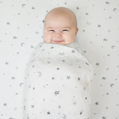 15" 33" 100% American Baby Company x Fitted Bassinet Sheet, Printed Natural Cotton Jersey Knit, Grey Star and Moon