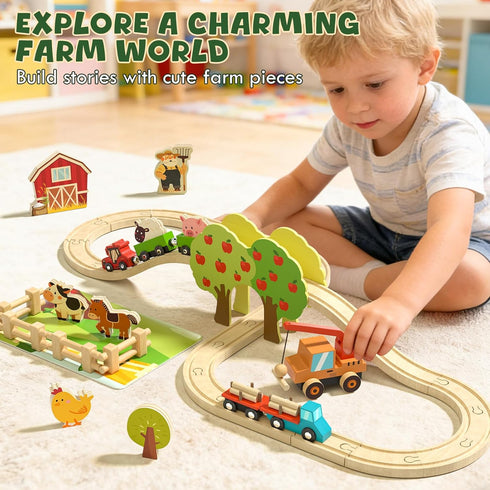 Set 2-4 Set 3 4 5 6 Lehoo Castle Wooden Train for Toddlers - Wooden Train Track for Kids, Farm Animal Train Toys