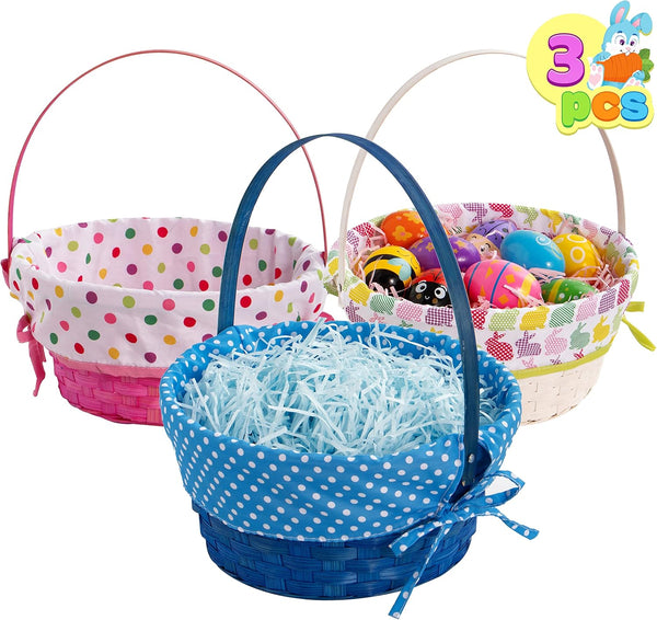 JOYIN 3 Pcs Easter Bamboo Baskets with Polka Dots Lining and Handle,