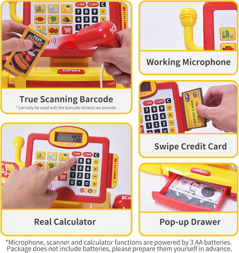 FS Toy Cash Register for Kids, True Barcode Scanner & Calculator, Pretend Play Shopping Set for Ages 3-8