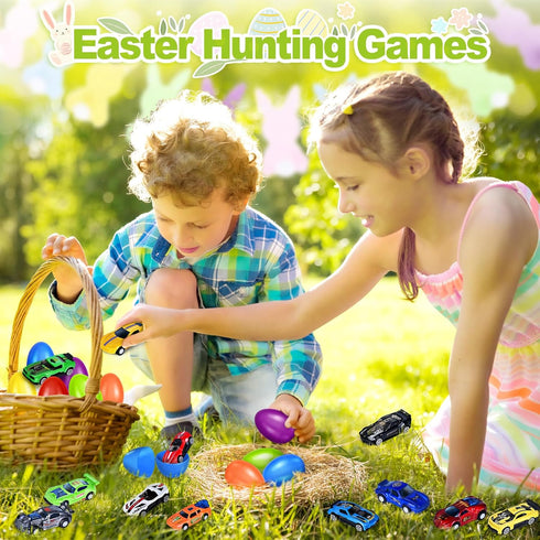 12Pack Prefilled Easter Eggs with Toys Inside, Easter Egg with Die-cast Racing Cars for Kids Basket Stuffers, Hunting