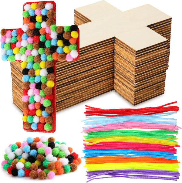 Blueweenly DIY Wood Cross Crafts for Kids Sunday School Supplies, 24 Unfinished Wood Crosses and Craft Materials