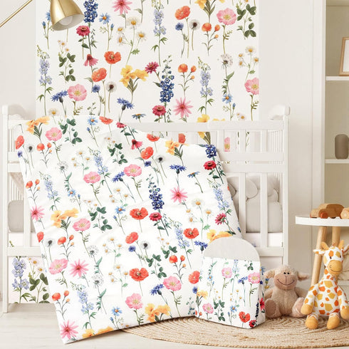 4 Set Oudain Piece Spring Flower Crib Bedding Including Spring Wild Flower Crib Skirt, Blanket, Sheet and Diaper