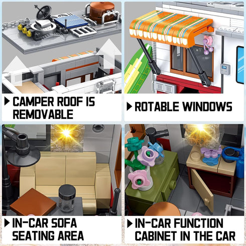 CSNRHG 924 Set Camping Van Construction Toy Pieces Building Block with Picnic Table Grill & Fire Scene Gift for Kids