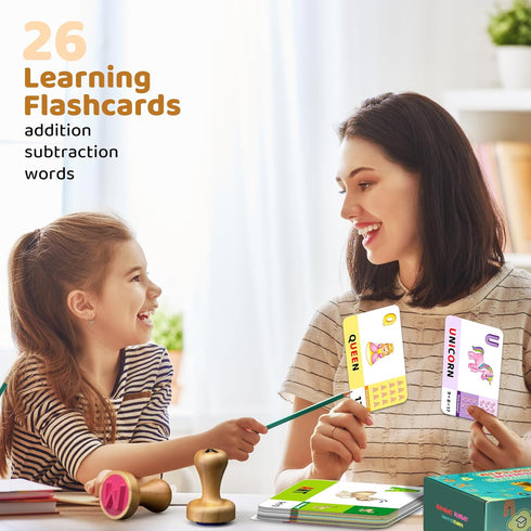 Set 7-Color 123s 3+ UdoUto Wooden Alphabet & Number Stampers with Ink Pad | ABCs Learning Stamps & Flashcards |