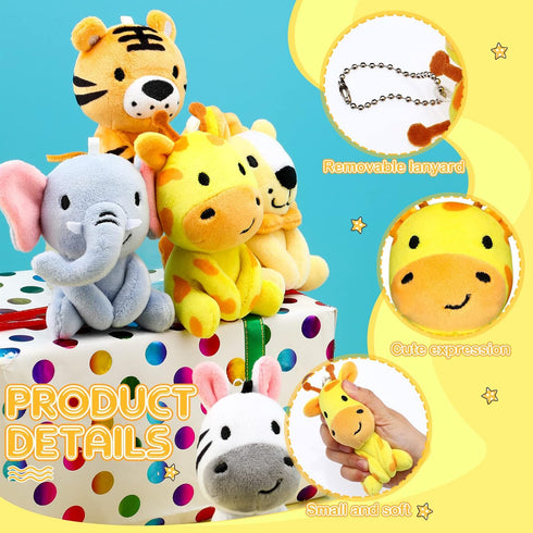 12 4" Pcs Mini Safari Stuffed Animals Bulk Jungle Plush Toys Giraffe Tiger Elephant Zebra Lion Forest Animals Keychains