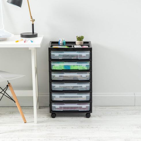 IRIS USA 6-Tier Scrapbook Rolling Storage Cart - Fits 12" x 12" Paper with Organizer Top, Black Frame