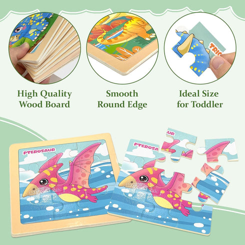 2-4, 8 Pack 9 2-4, 3-5, 3-5, Sets Wooden Dinosaur Puzzles for Toddlers PCS Jigsaw Puzzles for Kids Wooden Puzzles