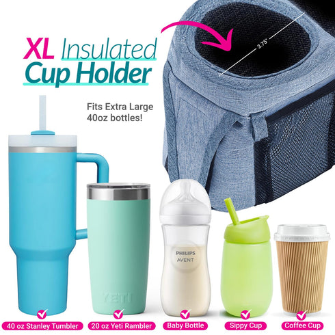 v2 Swanoo Stroller Caddy Organizer With Cup Holder, Non-Slip Straps, Bag for Phone, Pet Accessories, Universal Fits