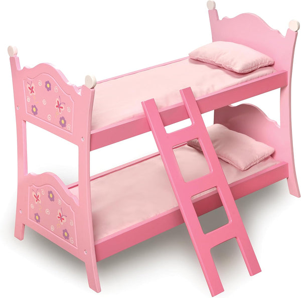 Toy Blossoms and Butterflies Doll Bunk Bed by Badger Basket - Pink with Ladder and Bedding for 20 inch Dolls